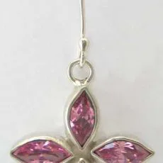 Front view of a 925 sterling silver drop earring featuring four marquise-cut pink gemstones arranged in a bezel-set flower blossom pattern on a French ear wire.