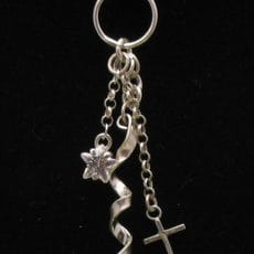 Front view of an artisan-crafted 925 sterling silver cascading drop pendant featuring a twisted ribbon spiral, a polished silver cross charm, and a star-set clear cubic zirconia gemstone.