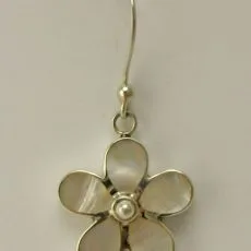 Front view of an artisan-crafted 925 sterling silver five-petal flower hook earring featuring iridescent white mother of pearl inlays and a central silver bead.