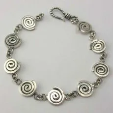 Artisan-crafted 925 sterling silver chain bracelet with intricate spiral swirl links and a twisted S-hook clasp on a plain background.