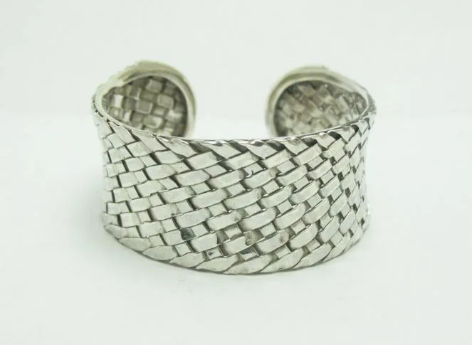 Artisan-crafted 925 sterling silver woven basketweave cuff bracelet with an open back and textured oxidized finish.