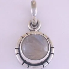 Artisan-crafted 925 sterling silver round pendant featuring a smooth cabochon moonstone centered within a notched sun-ray border.