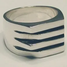 Artisan-crafted 925 sterling silver wide band ring featuring a bold modernist geometric design with four tiered horizontal ridges and a sleek polished finish, captured from a three-quarter side perspective.