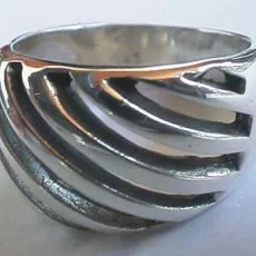 Hand-forged 925 sterling silver dome ring featuring a bold openwork design with polished diagonal ribbed slats and dark oxidized interior accents.