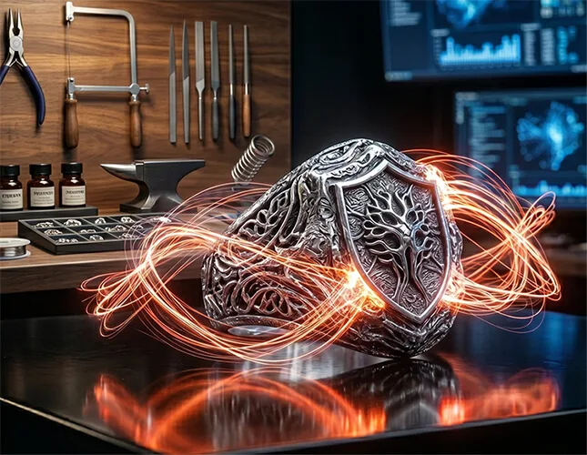 A close-up concept shot of a heavy 925 sterling silver shield ring featuring a highly detailed Balinese Tree of Life motif on the crest, surrounded by oxidized filigree patterns, displayed on a studio workbench with glowing light effects.