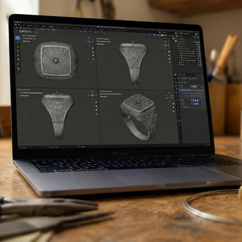 A notebook screen showing a professional 3D CAD jewelry model of an ornate Balinese silver ring in a four-viewport layout
