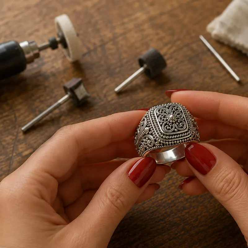 Artisan hands holding the finished physical 925 sterling silver Balinese ring with intricate granulation details over a jeweler workbench