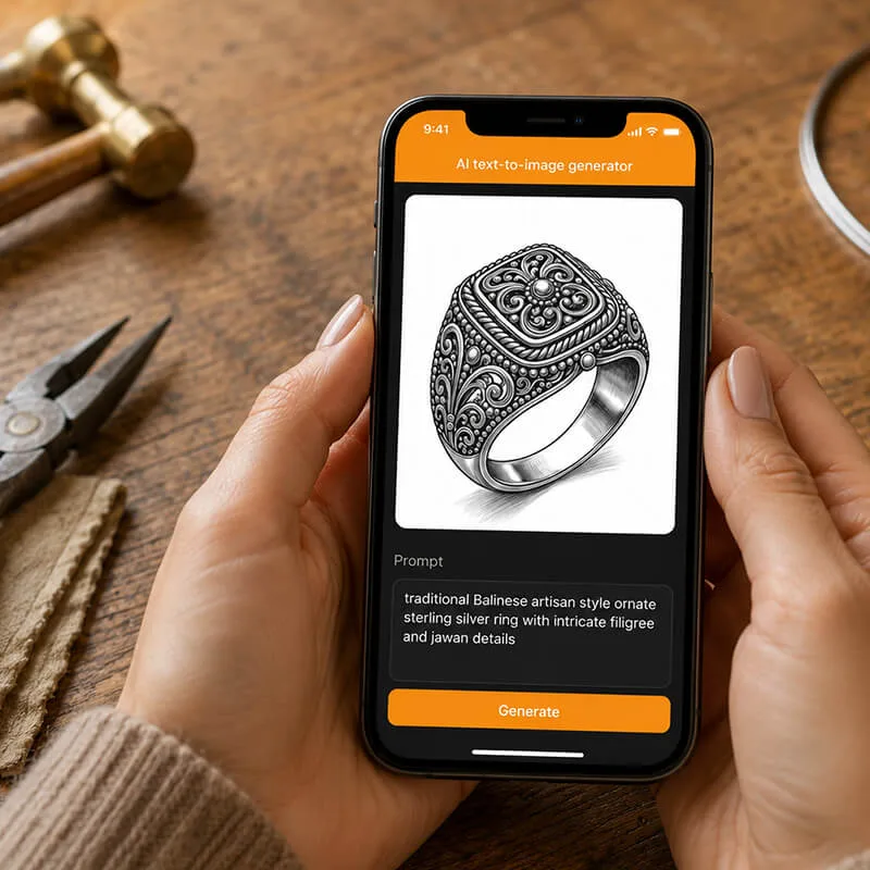 Smartphone screen displaying an AI text-to-image generator interface with a detailed ornate Balinese silver ring prompt