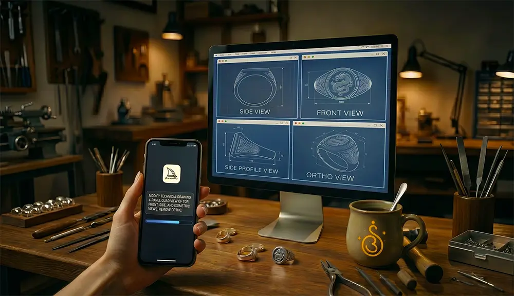 A jeweler's workbench showing a smartphone using an AI prompt to generate a four-panel technical drawing and spec sheet for a custom silver ring on a desktop monitor.