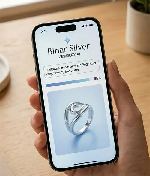 Smartphone showing Binar Silver AI text-to-image prompt for custom jewelry